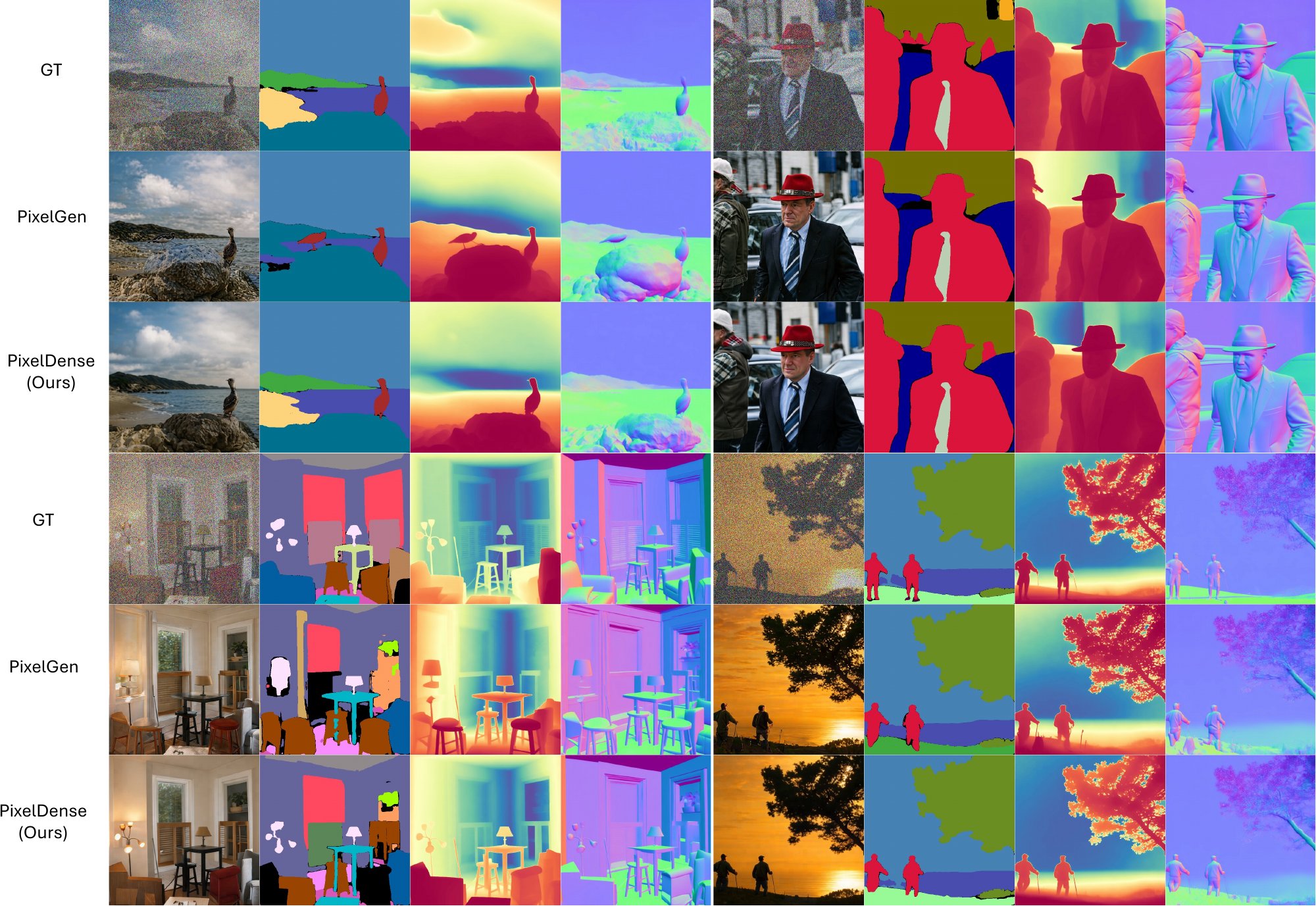 Additional partial-noise reconstruction comparisons between PixelGen and PixelDense with segmentation, depth and normal probes.