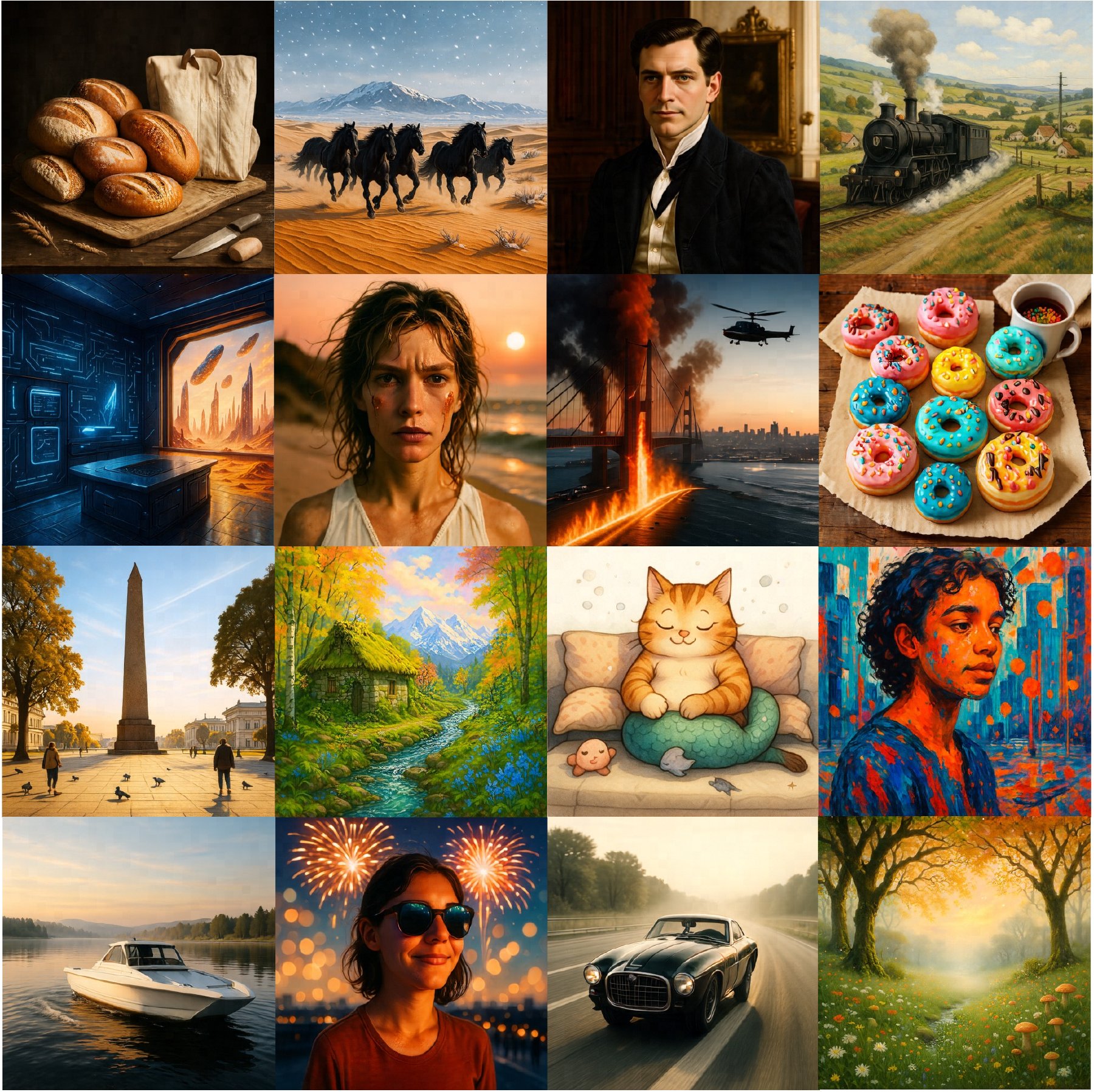 A four by four grid of additional PixelDense samples spanning photographs, portraits, landscapes and stylized scenes.