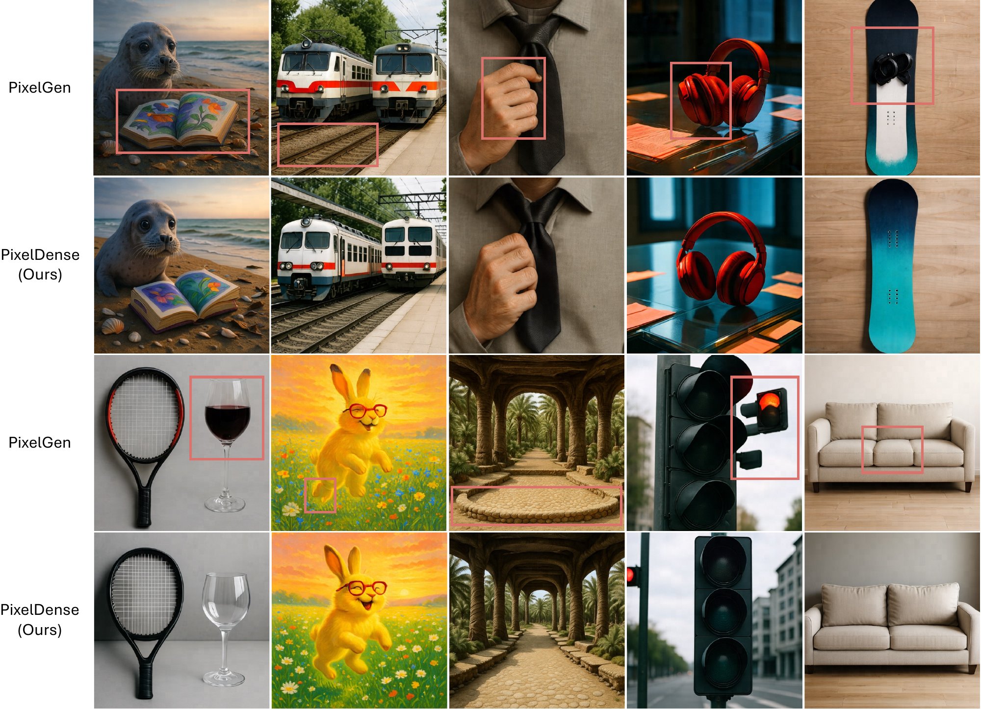 Side-by-side text-to-image samples from PixelGen and PixelDense with failure regions of PixelGen boxed in red.